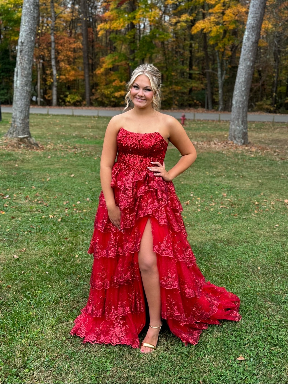 Amarra Strapless Red Ruffled Prom Gown with High Slit